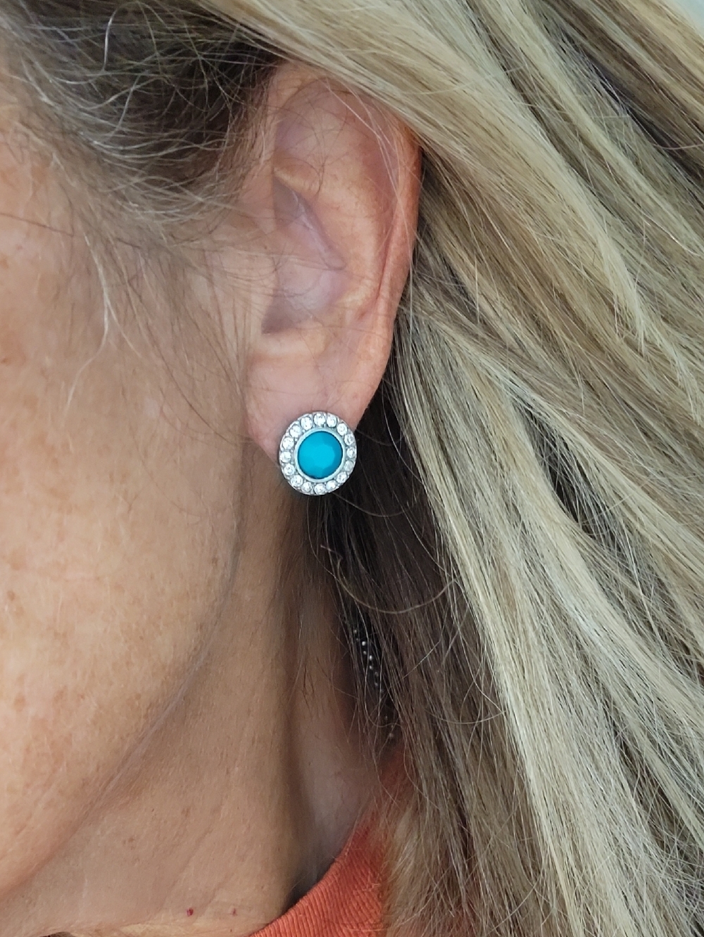 Vintage Turquoise Crystal Halo Stud Earrings - Women Jewelry 1970s